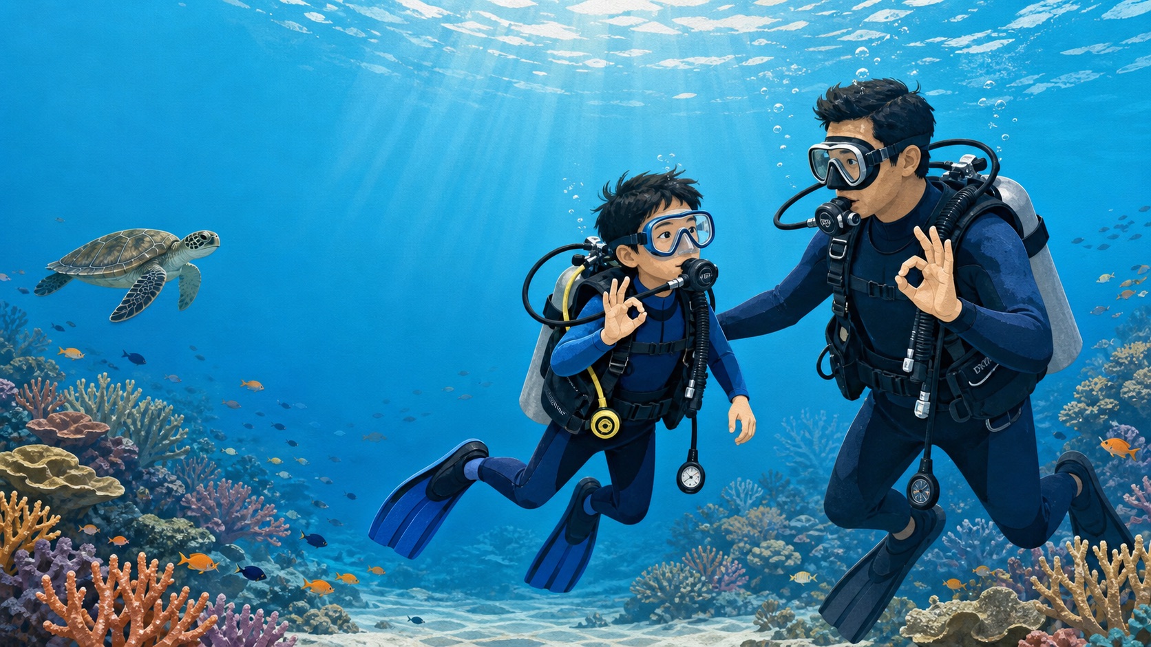 A child diver and instructor exploring shallow water safely