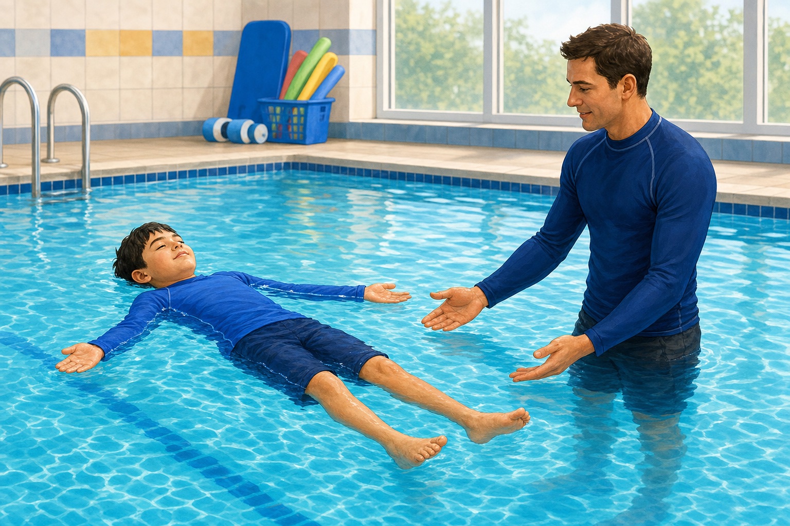 Ten-year-old practising a relaxed back float in a pool while an instructor supervises nearby